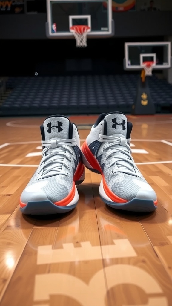 Curry 5 Under Armour basketball shoes on a court with a hoop in the background.